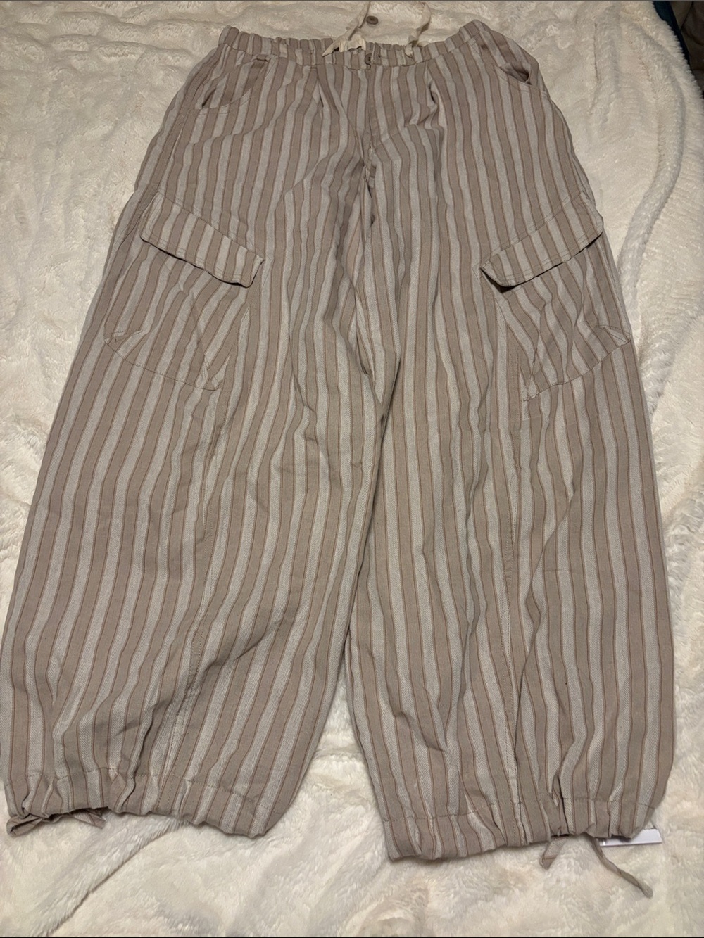 Striped Women's Cargo Jogger Pants in Neutral Taupe and Cream